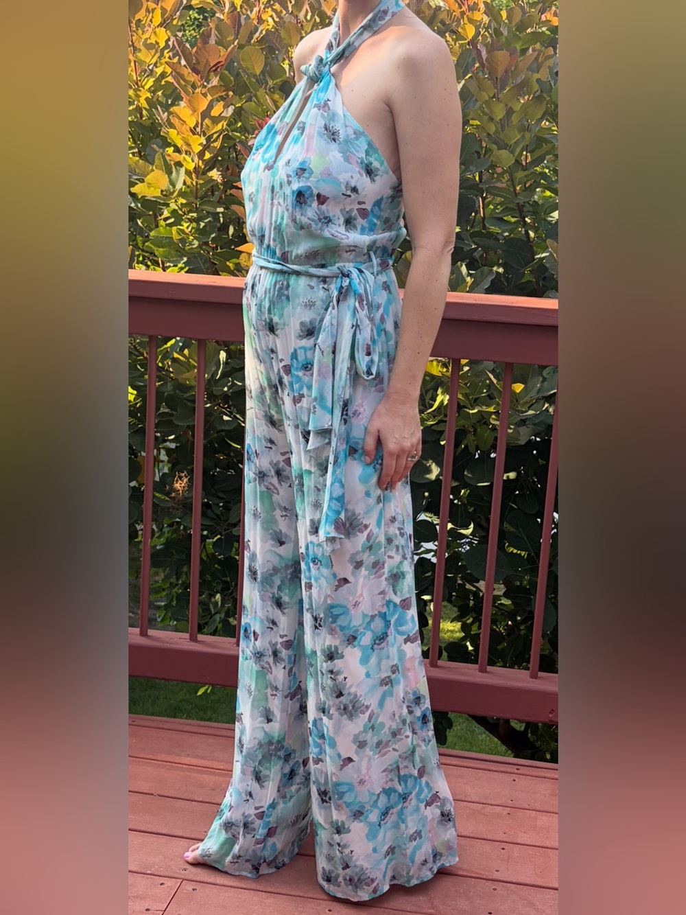 NWT $400 Patrizia Pepe Blue Watercolor Halter Wide-Leg Jumpsuit, Made in Italy M
